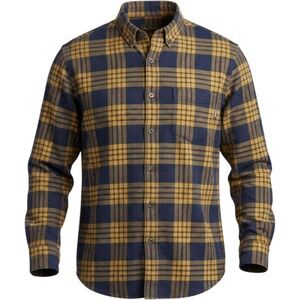 Eddie Bauer Mens XL Plaid Flannel Button Down Shirt Navy Yellow Cotton
